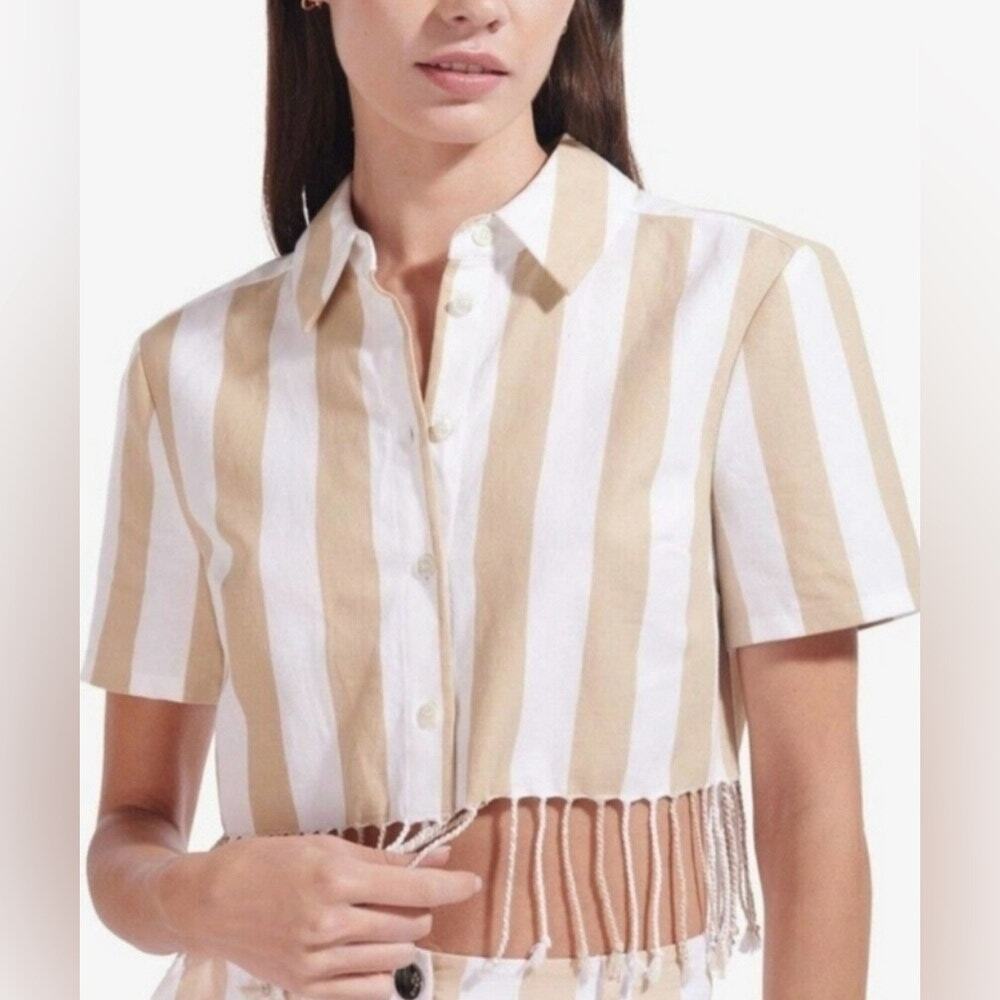 Staud Fringe Striped Linen Blend Crop Top Size Small Tan and White